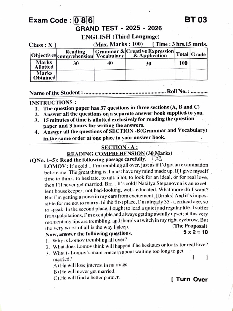 10th Class English Grand Test Question Paper With Key | PDF | Jewellery