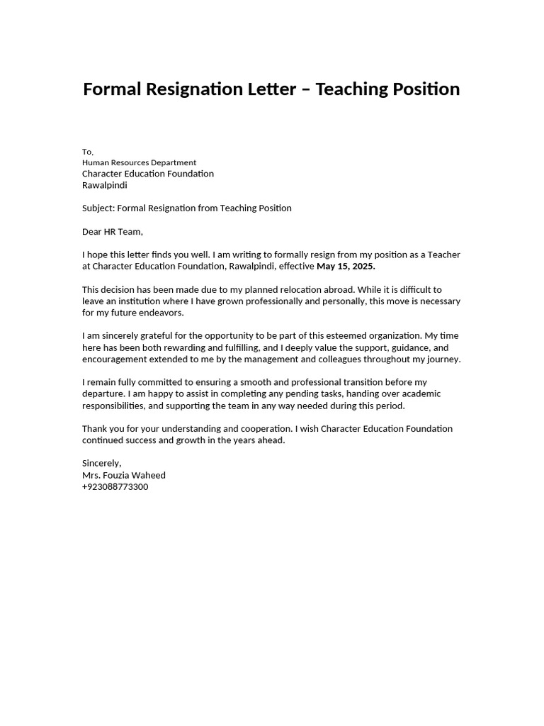Formal Resignation Letter - Teaching Position | PDF