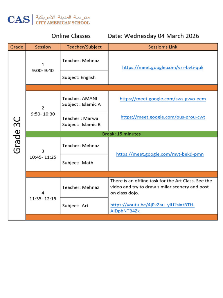 Grade 3C Online Classes Schedule-Wednesday | PDF