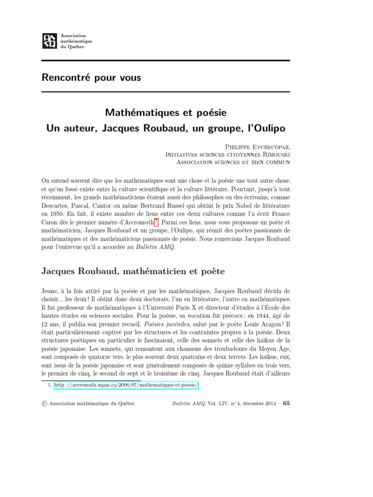 Mathématiques Et Poésie: Un Auteur, Jacques Roubaud, Un Groupe, L ...