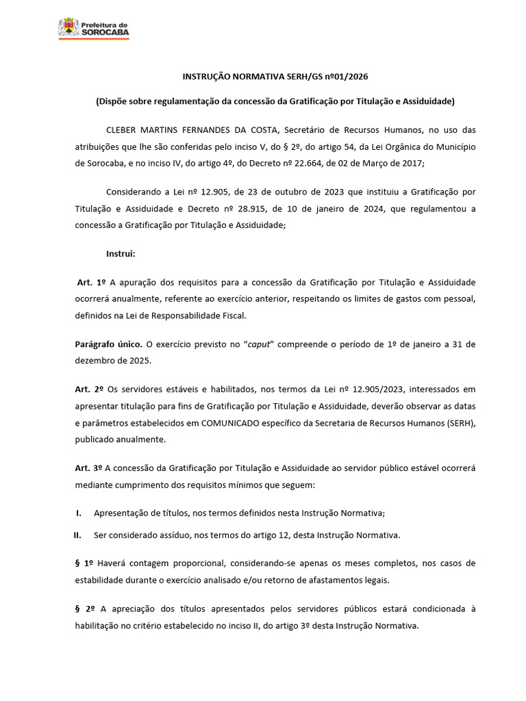 Instrução Normativa SERH - GS 01 - 2026 - Gratificação Por Titulação e ...