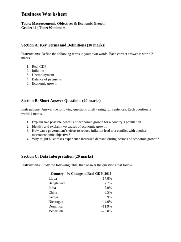 Business Worksheet | PDF | Economic Growth | Macroeconomics