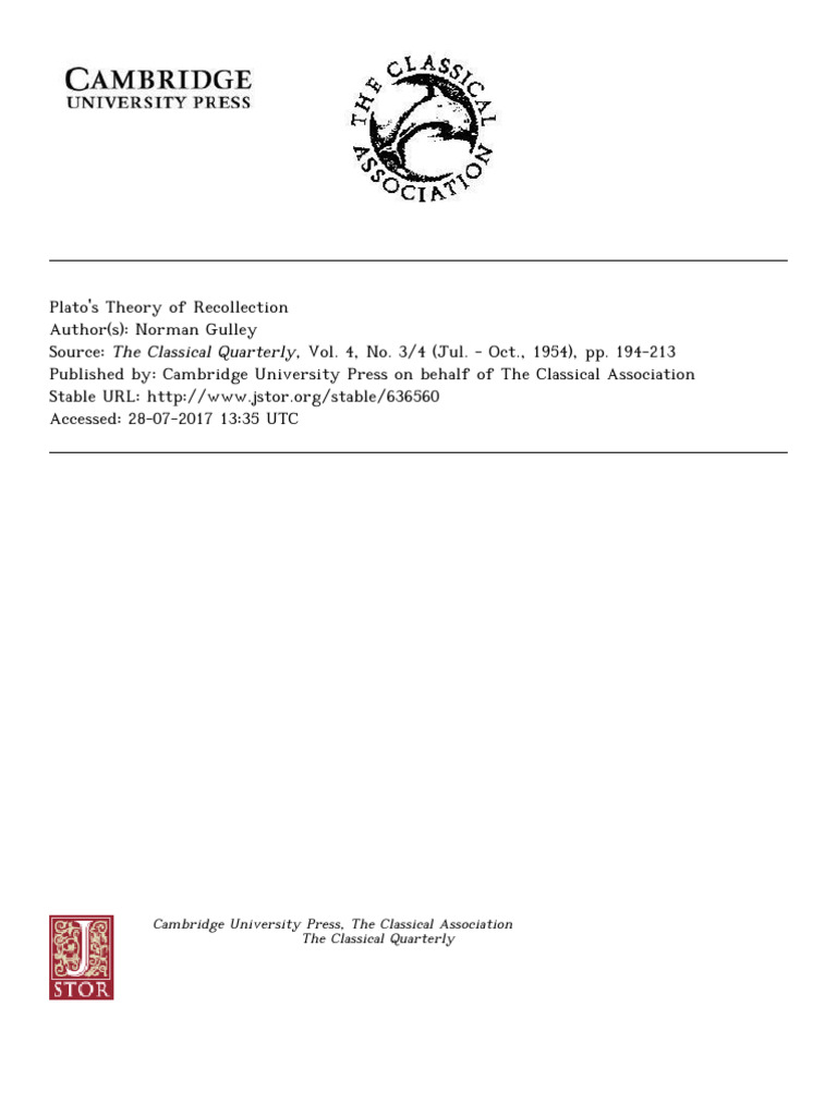 Gulley - Platos Theory of Recollection | PDF | Knowledge | Plato