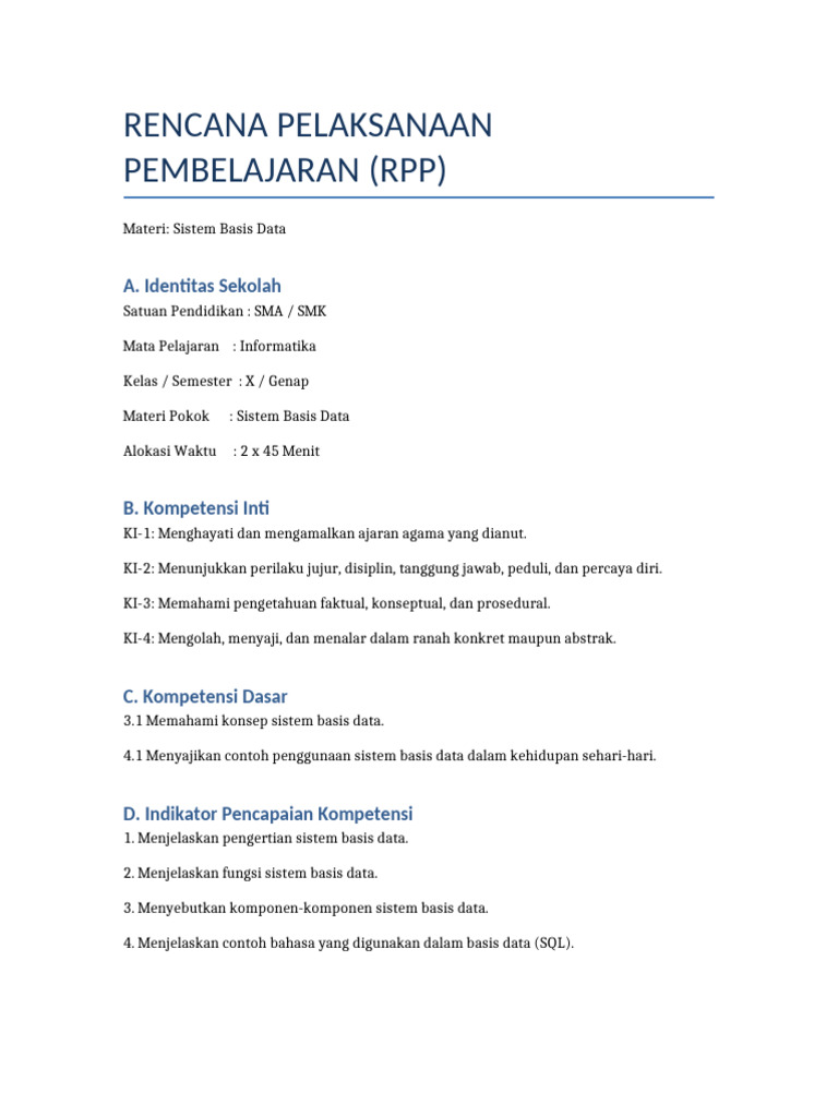 RPP Lengkap Sistem Basis Data | PDF