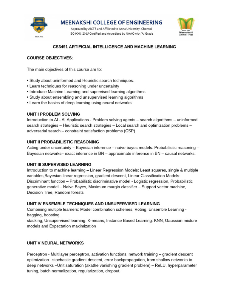 CS3491 - SYLLABUS | PDF | Machine Learning | Artificial Intelligence
