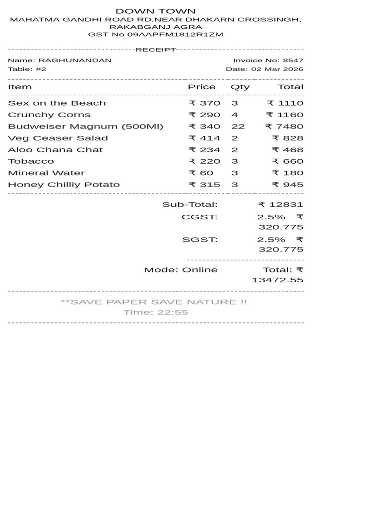 Restaurant Bill Template 2 | PDF