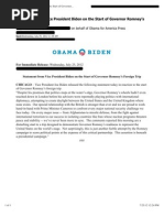 Statement from Vice President Biden on the Start of Governor Romney’s Foreign Trip