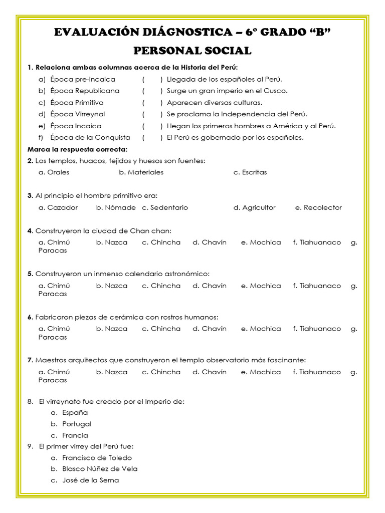 Evaluación Diagnóstica Personal Social Sexto Grado B - 2026 | PDF ...