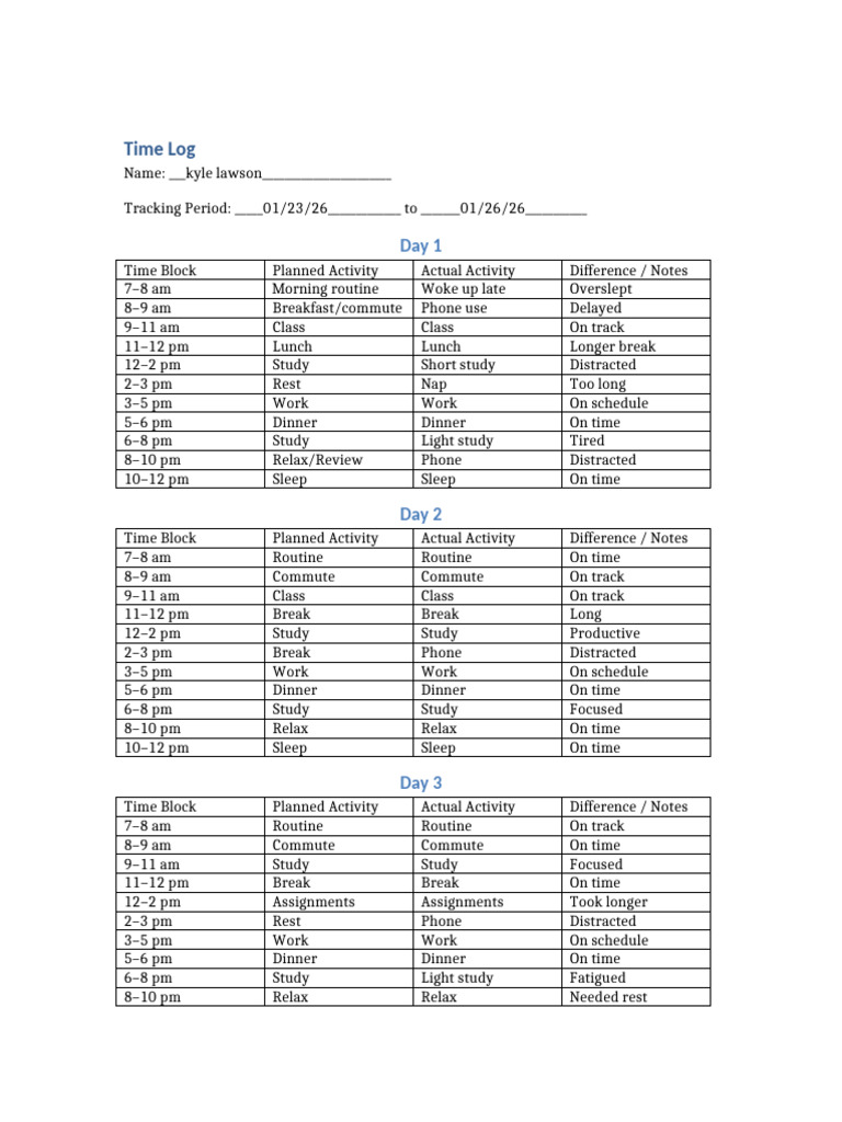 Completed Time Log and Reflection | PDF | Sleep | Animal Physiology