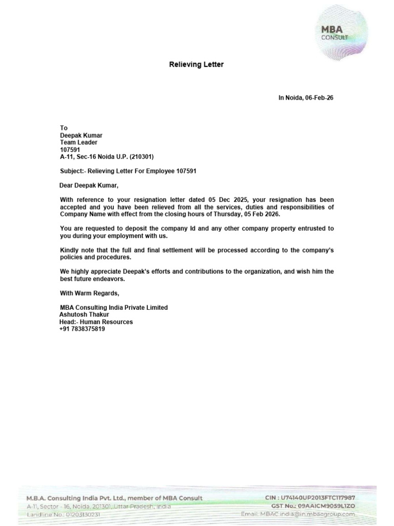 Deepak Kumar Relieving Letter | PDF
