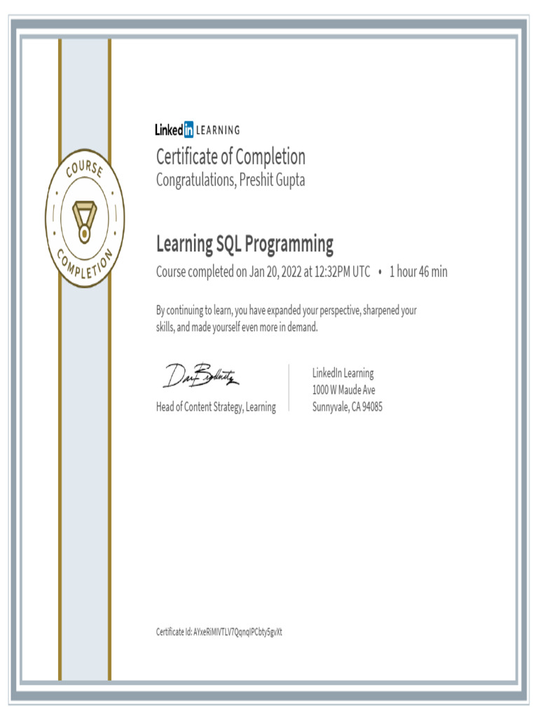 CertificateOfCompletion - Learning SQL Programming | PDF