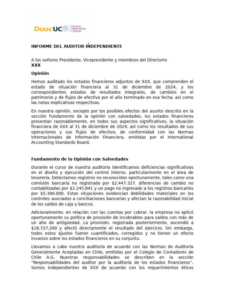 Informe Del Auditor Independiente | PDF | Auditoría | Estado financiero