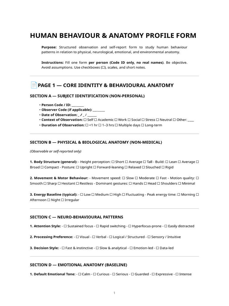 Human Behaviour & Anatomy Profile Form (2 Pages) | PDF | Human Behavior ...