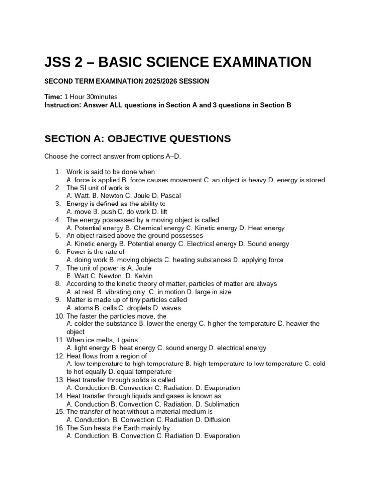 Jss 2 – Basic Science 2nd Term Examination | PDF | Heat | Heat Transfer