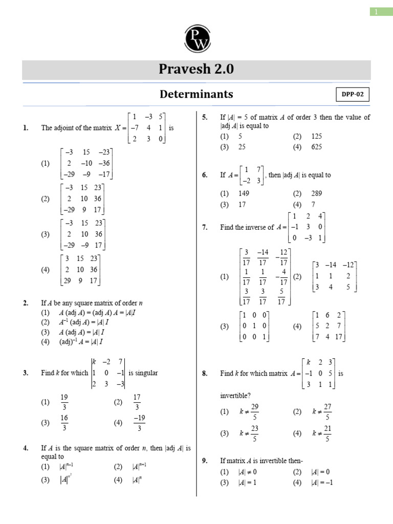 Determinants - DPP 02 - (Pravesh 2.0) | PDF | Matrix Theory | Linear ...