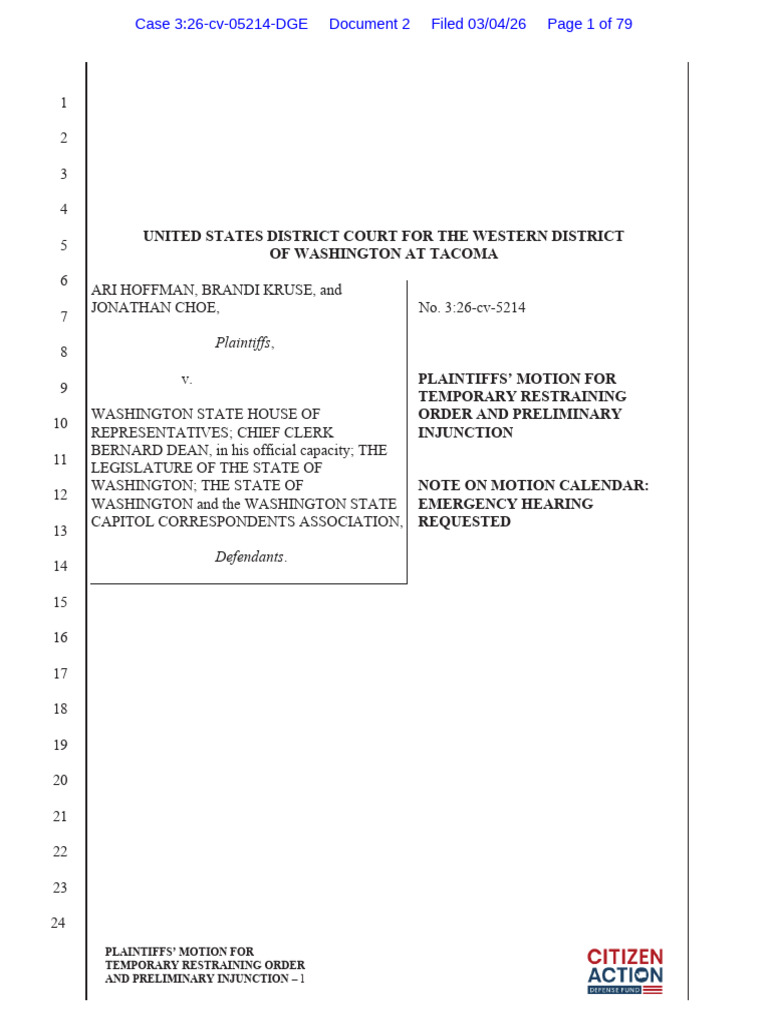 Case 3:26-cv-05214-DGE - Doc 2: PLAINTIFFS' MOTION FOR TEMPORARY ...