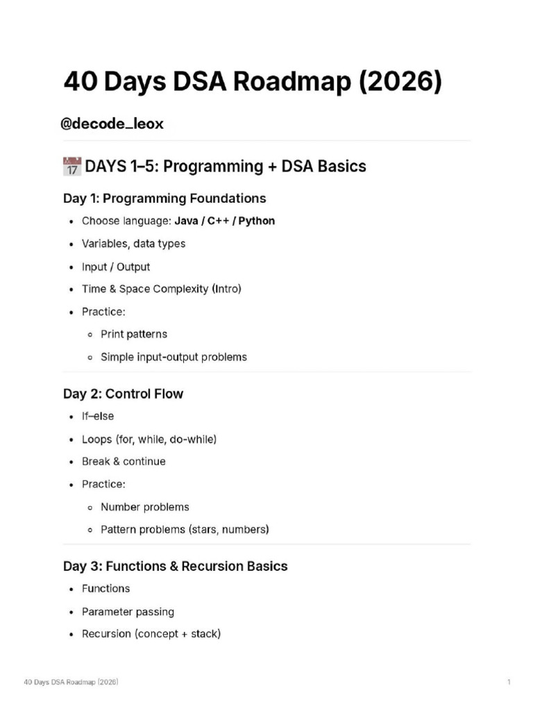 40 Days DSA Roadmap (2026) | PDF