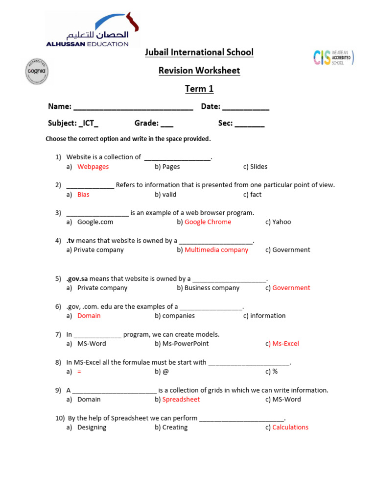 Revision Worksheet Grade 7 Answers | PDF | Spreadsheet | Microsoft Excel