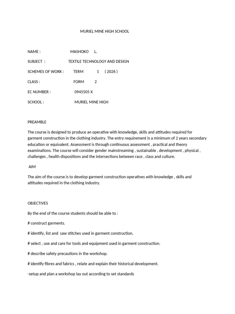TTD Schemes of Work Form 2 Term 1 2026 | PDF | Textiles