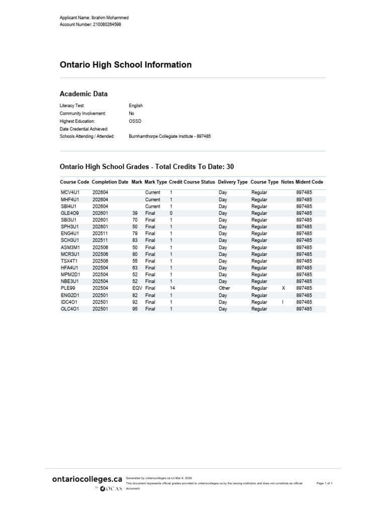210080264598 Ontario High School Transcript 20260211 | PDF | Secondary ...