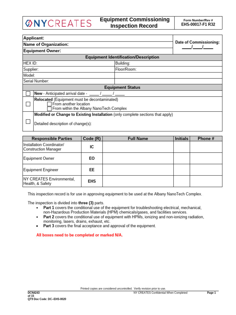 EHS 00017 F1 R32 Equipment Commissioning Inspection Record | PDF | Fire ...