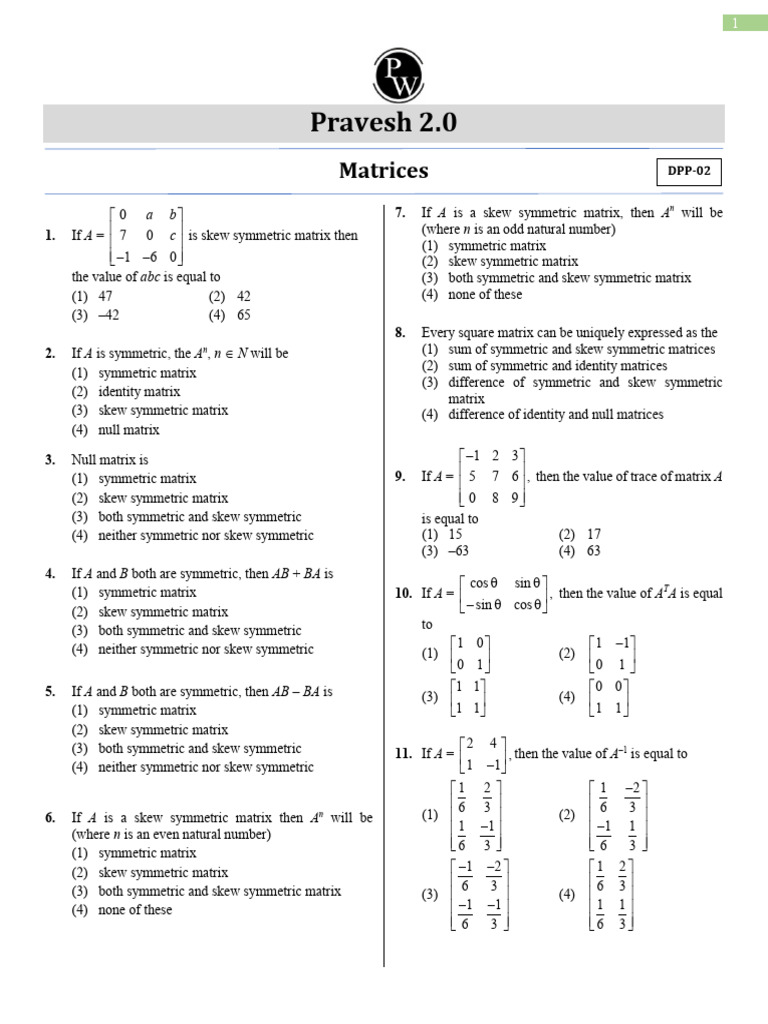 Matrices - DPP 02 - (Pravesh 2.0) | PDF | Matrix (Mathematics ...