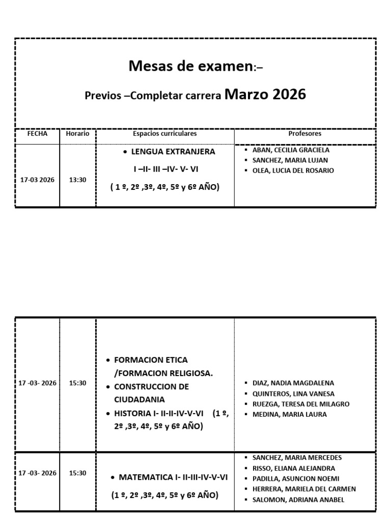 Mesas de Examen MARZO | PDF