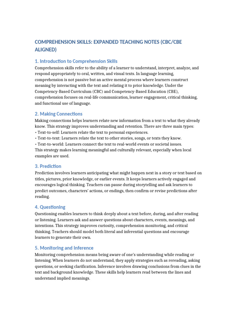 Expanded Comprehension Skills Notes CBC | PDF