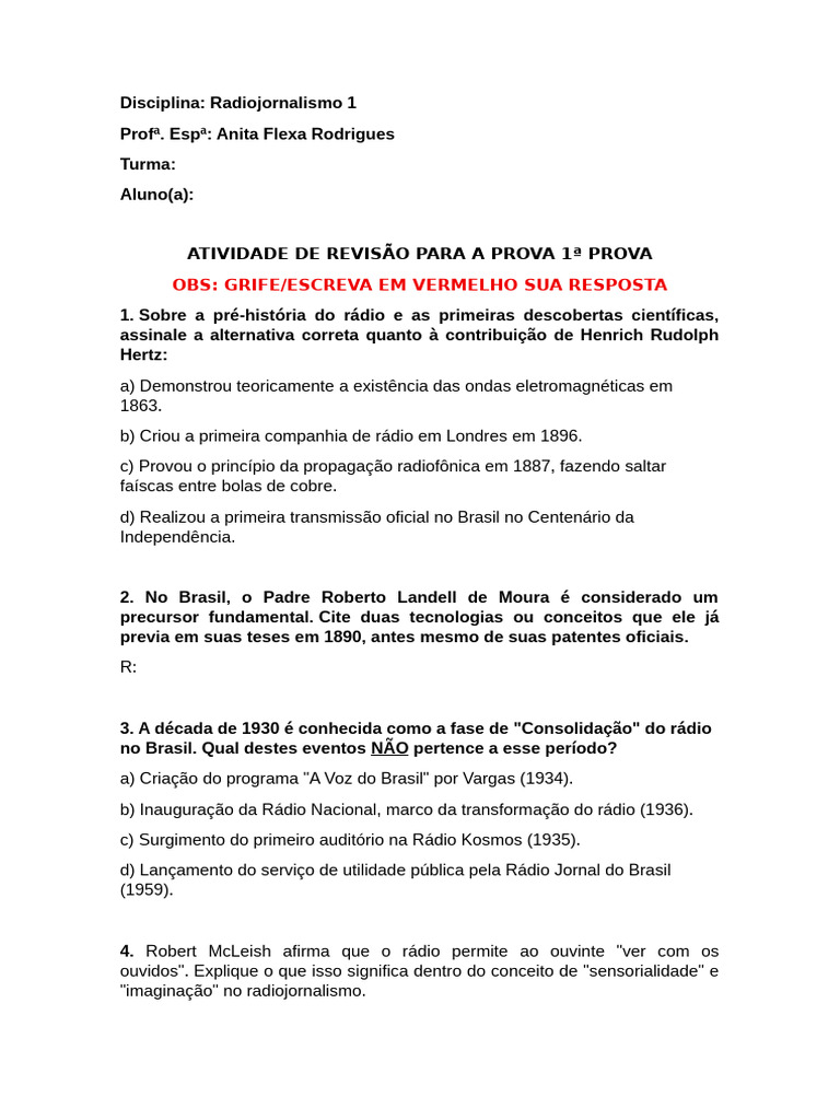 Atividade de Reviso para A Prova 1 Prova | PDF | Rádio | Brasil