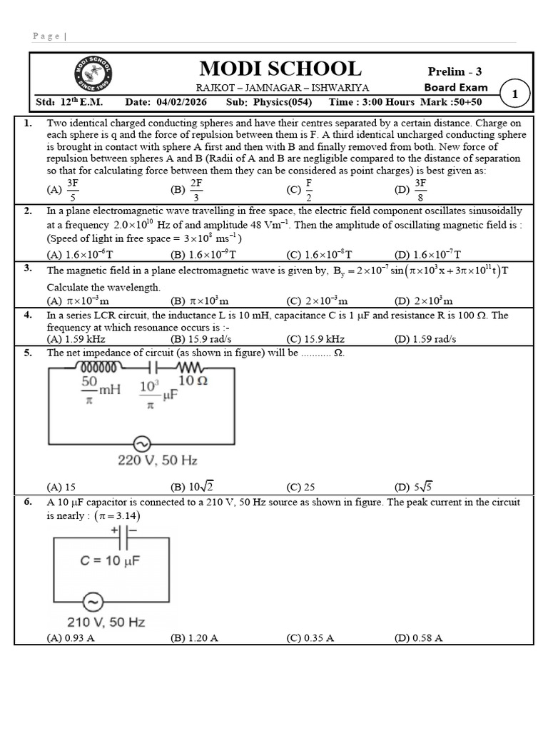 12th EM Phy P-3 Board Dt-04!02!2026 Series-1 | PDF | Electron | Transformer