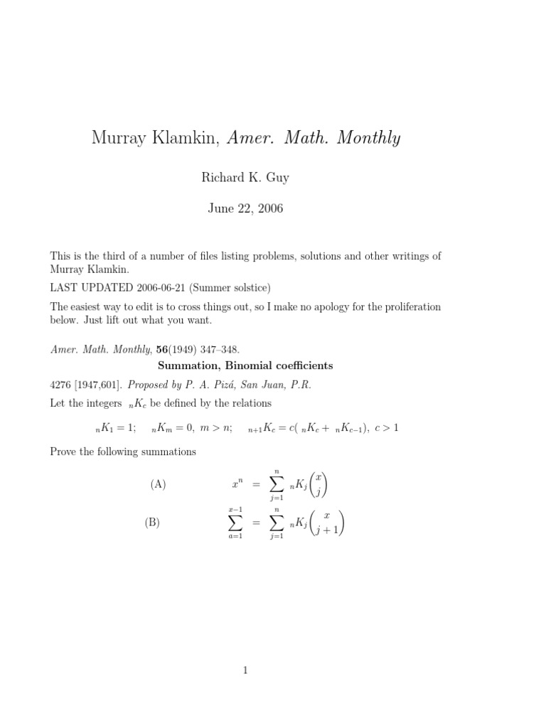 Murray Klamkin Problems | PDF | Mathematics | Algebra