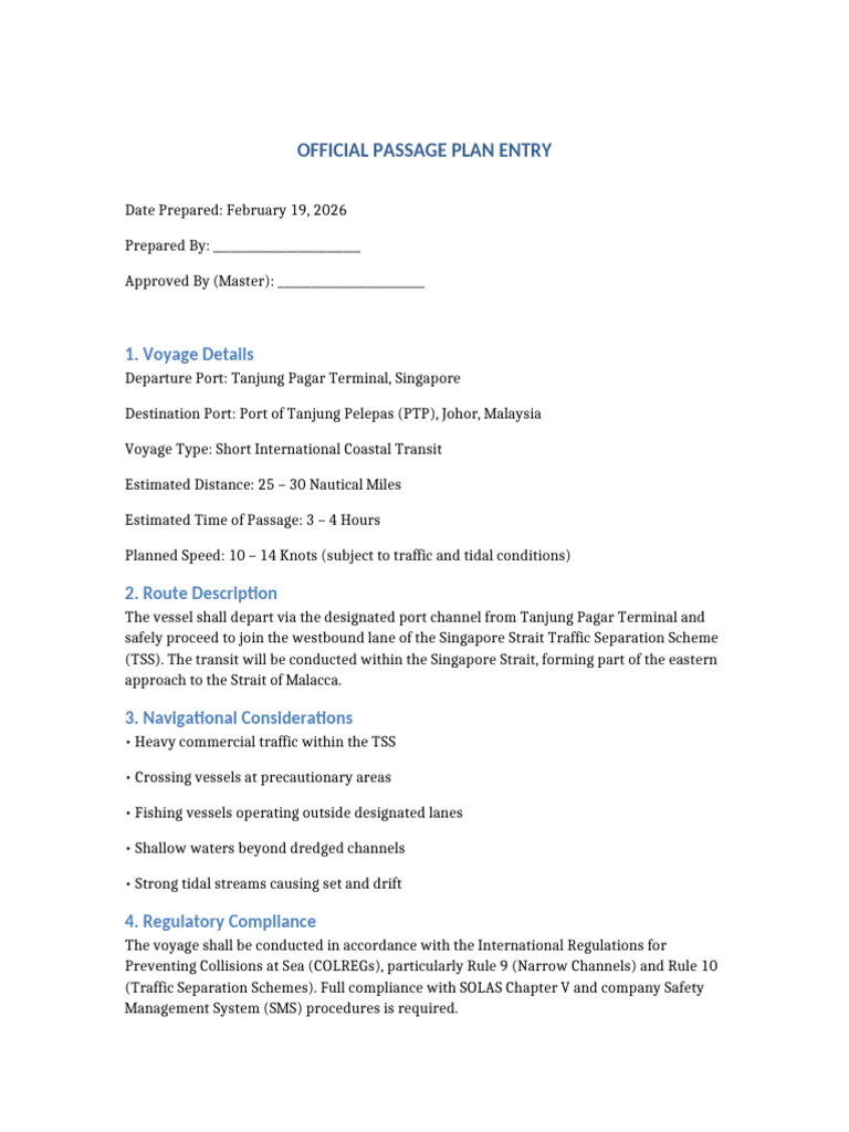 Official Passage Plan Entry Tanjung Pagar to PTP | PDF