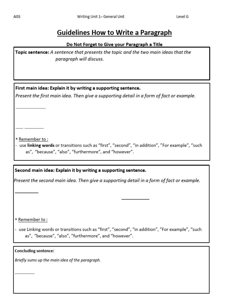 Level G Writing Unit 1 Paragraph Guidelines and Samples | PDF