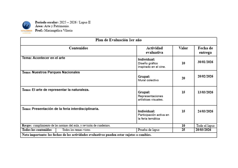 Plan de Evaluación Período Escolar - 2025 - 2026 - 260126 - 151718 | PDF