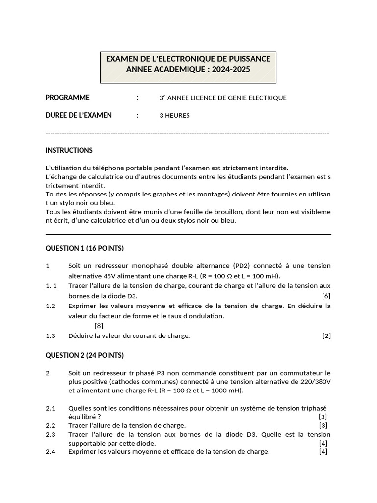Examen D' Electronique de Puissance - UNH - 2025 | PDF | Redresseur ...