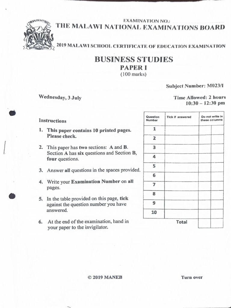 2019 Bus Maneb Paper 1 | PDF