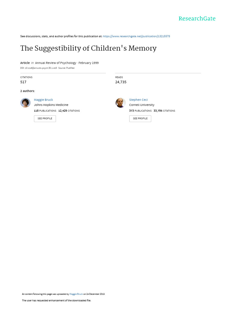 The Suggestibility of Childrens Memory | PDF | Witness | Evidence