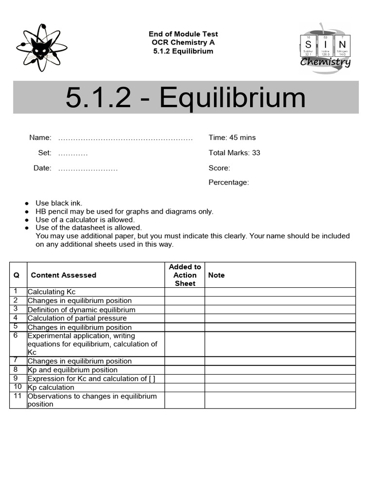 5.1.2 - Equilibrium Test | PDF | Chemical Equilibrium | Chemical Reactions
