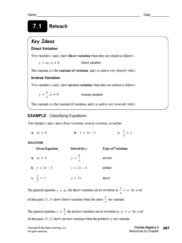 fl_alg2_rbc_0701_reteach | PDF | Equations | Variable (Mathematics)