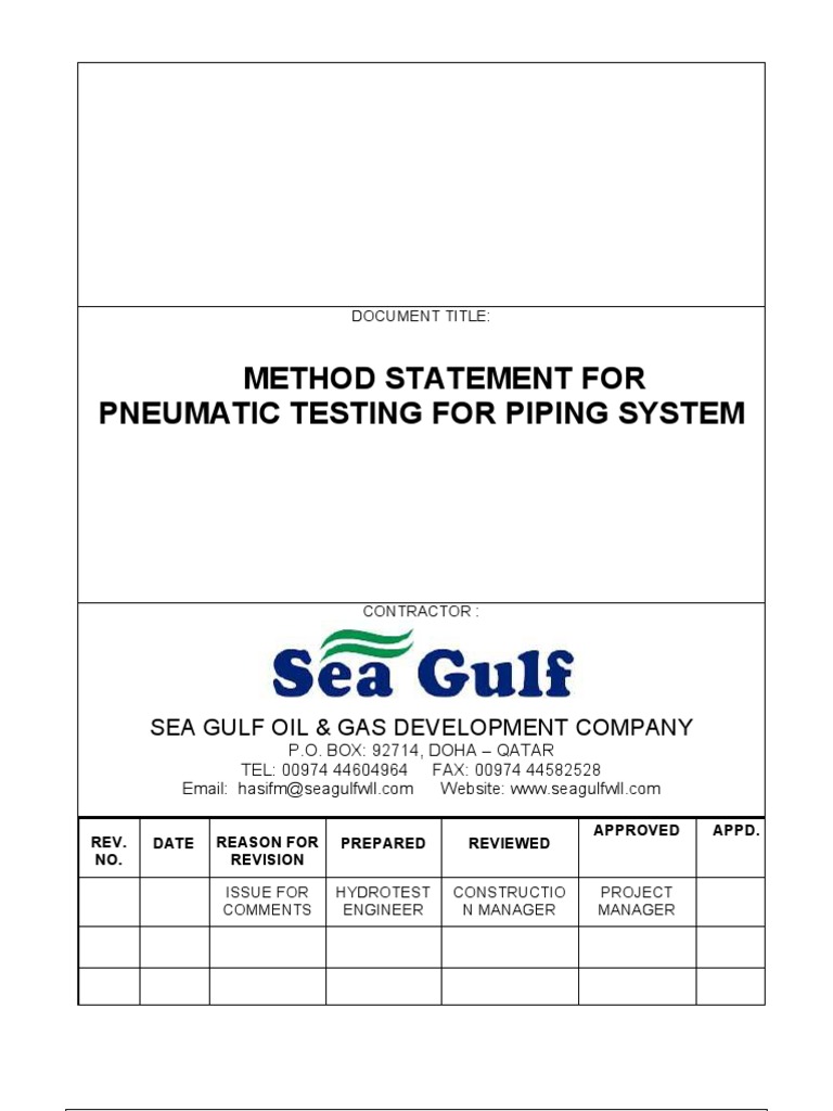 Pneumatic Testing Method Statement | PDF | Leak | Valve