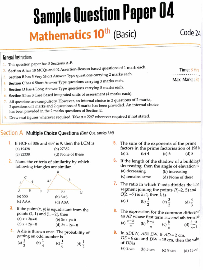 SQP 04 Basic CBSE Class 10 Sample Question Paper 04 Maths Basic | PDF ...