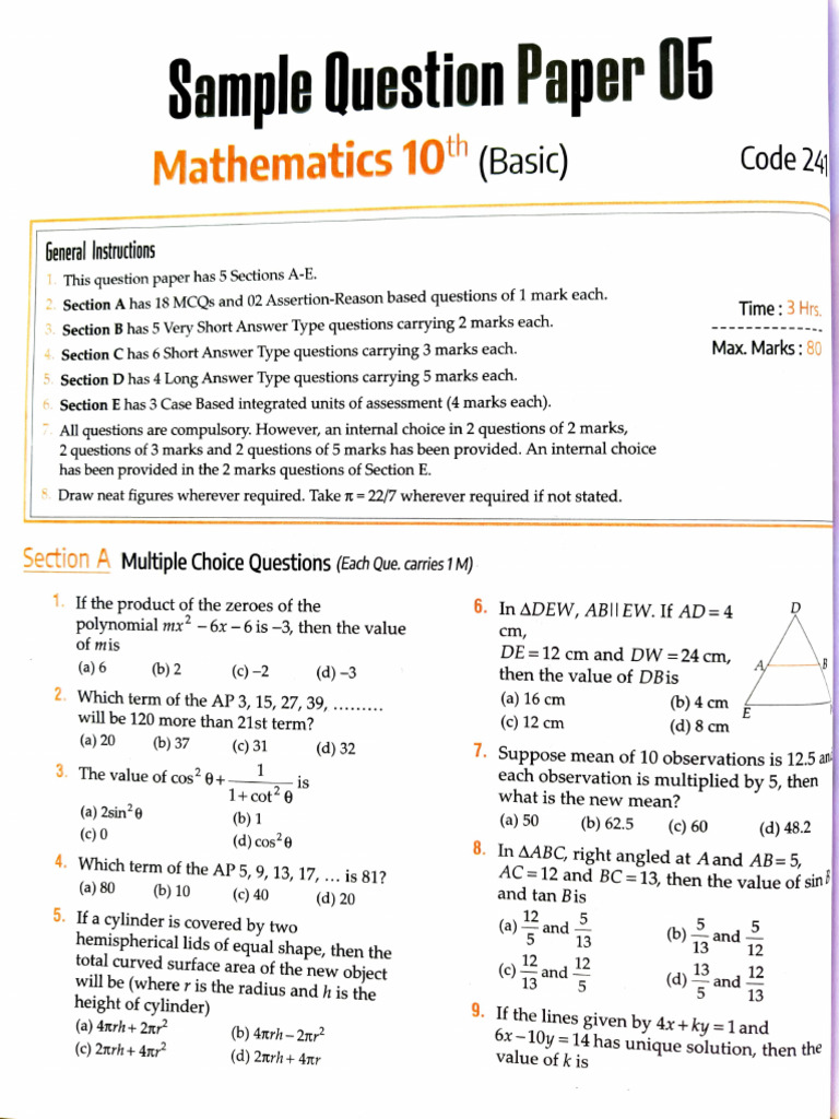 SQP 05 Basic CBSE Class 10 Sample Question Paper 05 Maths Basic | PDF ...