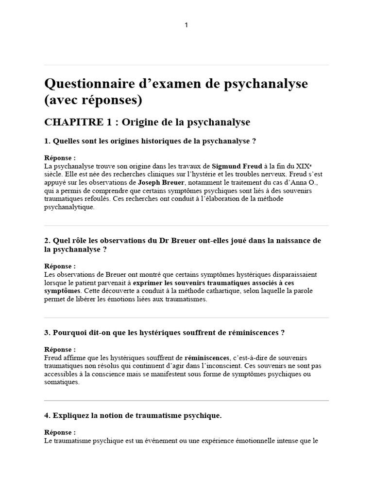 Questionnaire Psychanalyse | PDF | Psychanalyse | Sigmund Freud