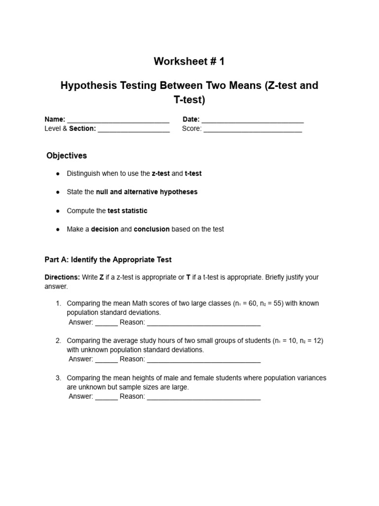 Worksheet Hypothesis Testing Between Two Mens | PDF | Student's T Test ...