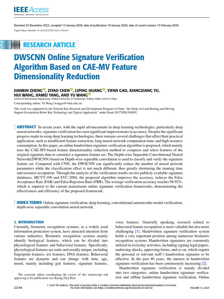 DWSCNN Online Signature Verification Algorithm Based on CAE-MV Feature ...