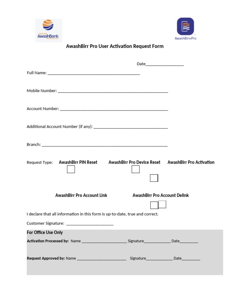 AwashBirr Pro User Activation Request Form | PDF