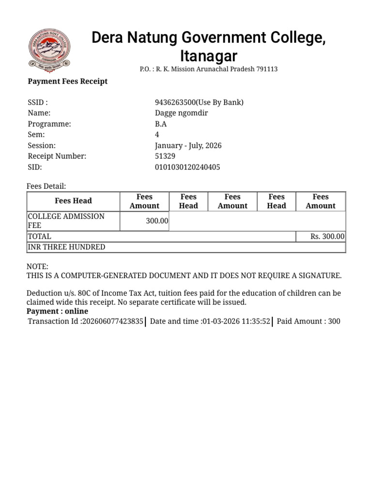 Dera Natung Government College, Itanagar: Payment Fees Receipt | PDF