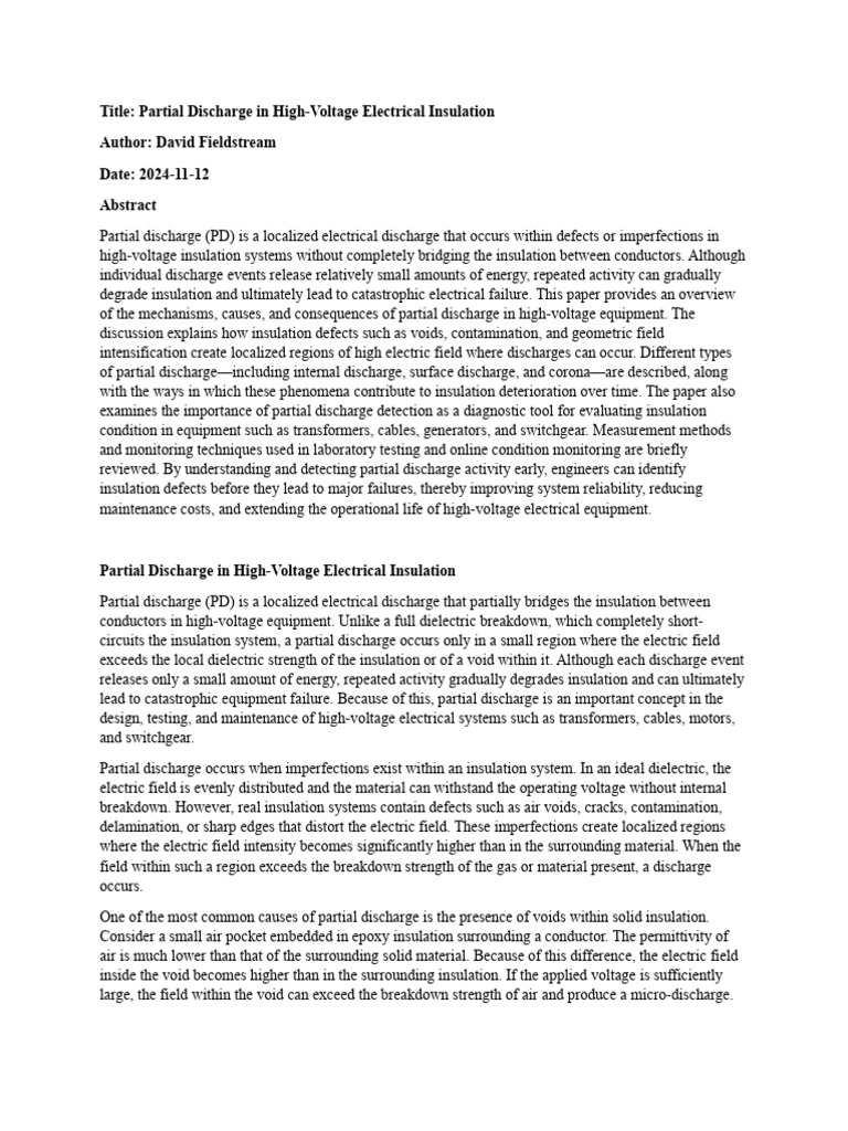 Partial Discharge in High-Voltage Electrical Insulation | PDF ...