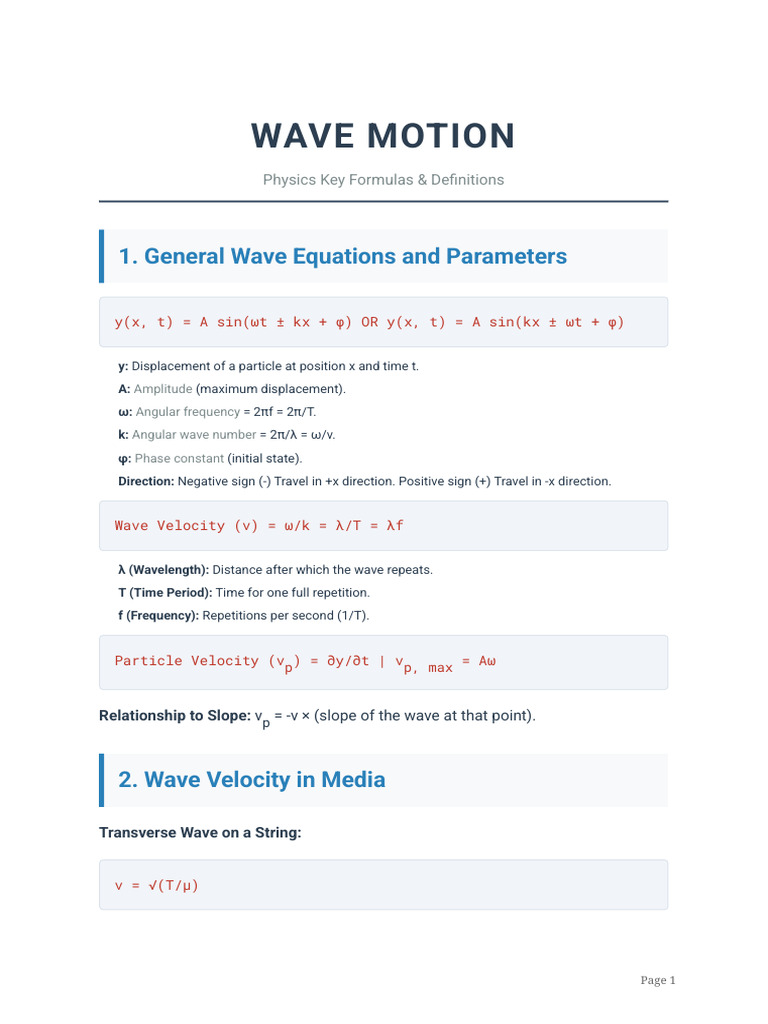 Wave Motion Formulas | PDF