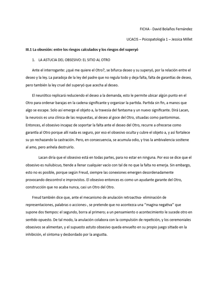 Ficha Obs #2 Bolanos, D. | PDF | Jacques Lacan | Neurosis